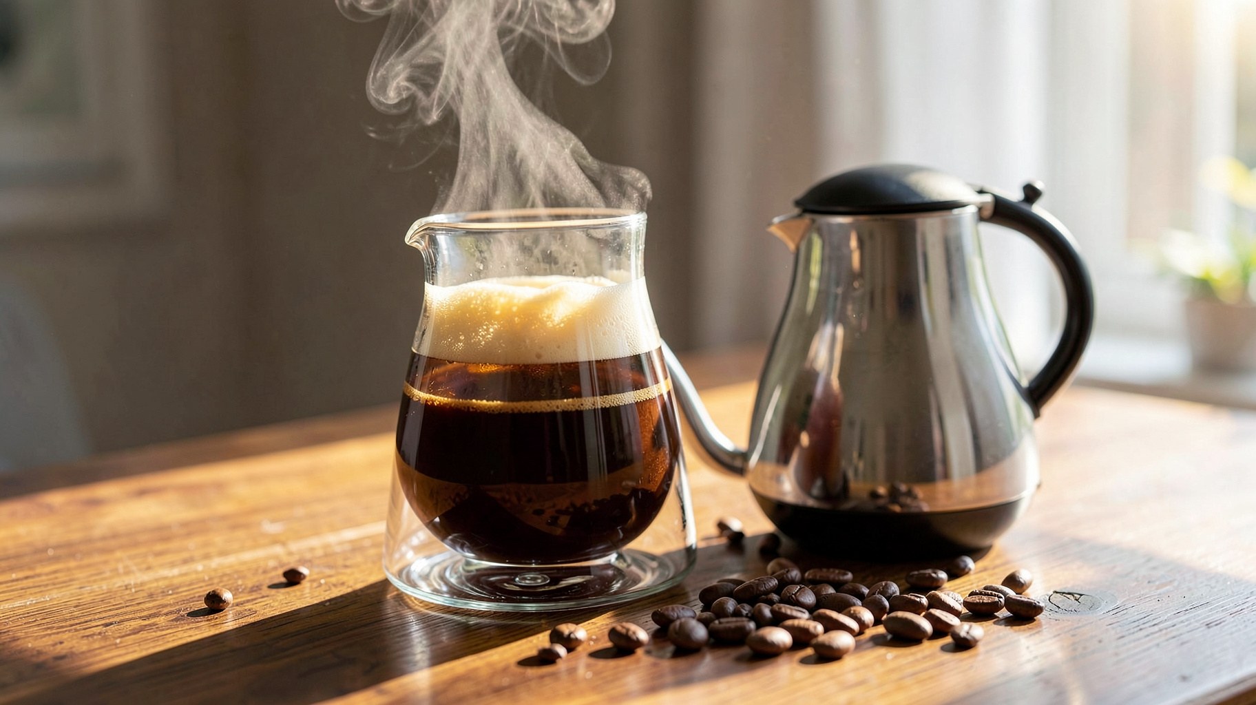 湯気の立つハンドドリップコーヒーと焙煎されたコーヒー豆が並ぶ温かみのある卓上