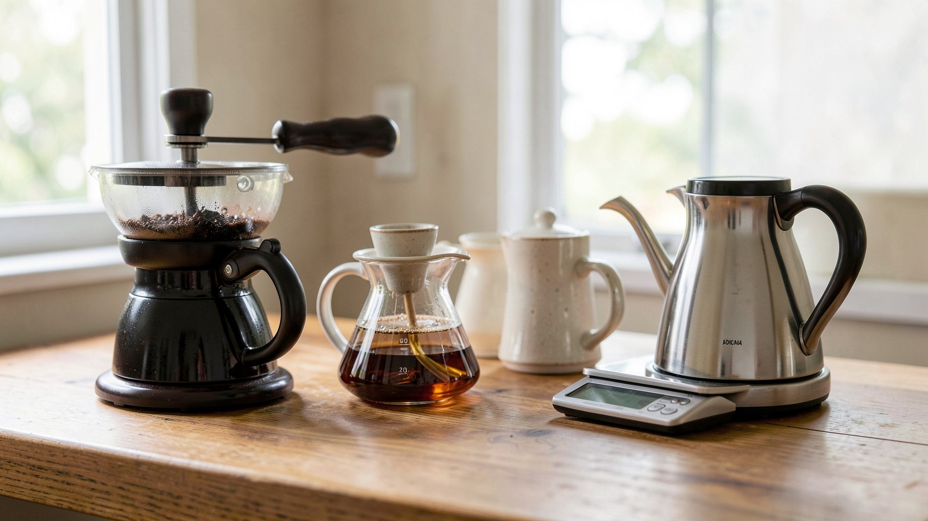 木製カウンターに並んだコーヒーミル・ドリッパー・ドリップケトル