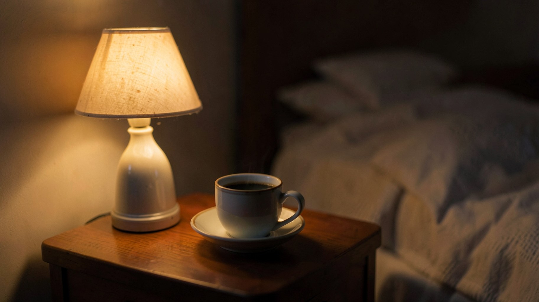 ノンカフェインのコーヒーが置かれたリラックスした夜のテーブル